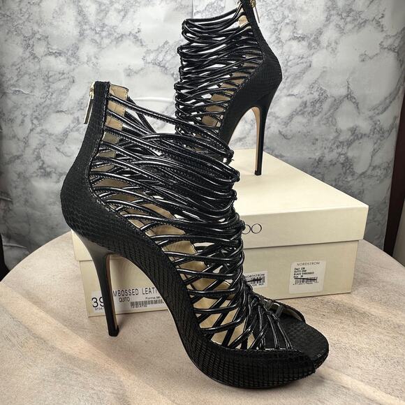 Jimmy Choo Black Embossed Leather Quito Cage Booties EU 39 Classy Party Shoes - Picture 1 of 16